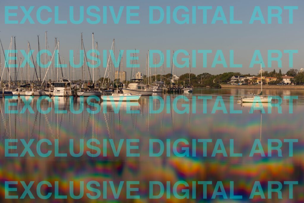 Fine art photo of sailboats docked at Davis Island Beach with crystal prism light reflecting across sand and water, captured by CeceTay Productions for collectors of coastal photography
