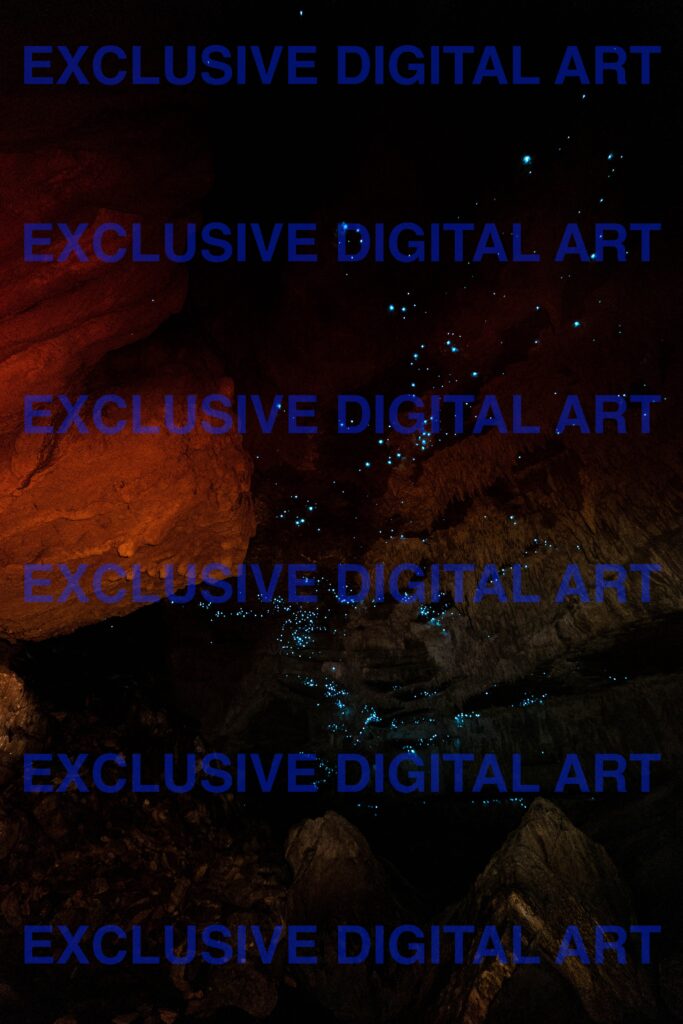 Fine art photograph of glowworm caves in New Zealand, featuring natural blue bioluminescence against burnt orange cave walls, captured by CeceTay Productions